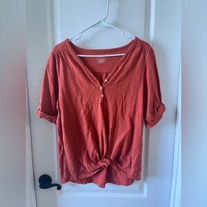 Chico's Rust V-Neck Blouse Cotton Blend with Knot Detail Large/12